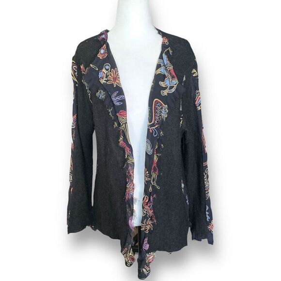Chico’s Knit Cardigan Sweater Black Burgundy Pattern Abstract Animal Print Silk - Picture 1 of 9